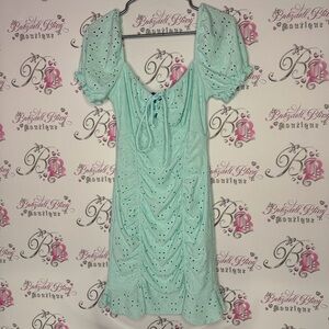 Forever 21 dress milkmaid puff shoulders cinching mint baby blue corset lace up